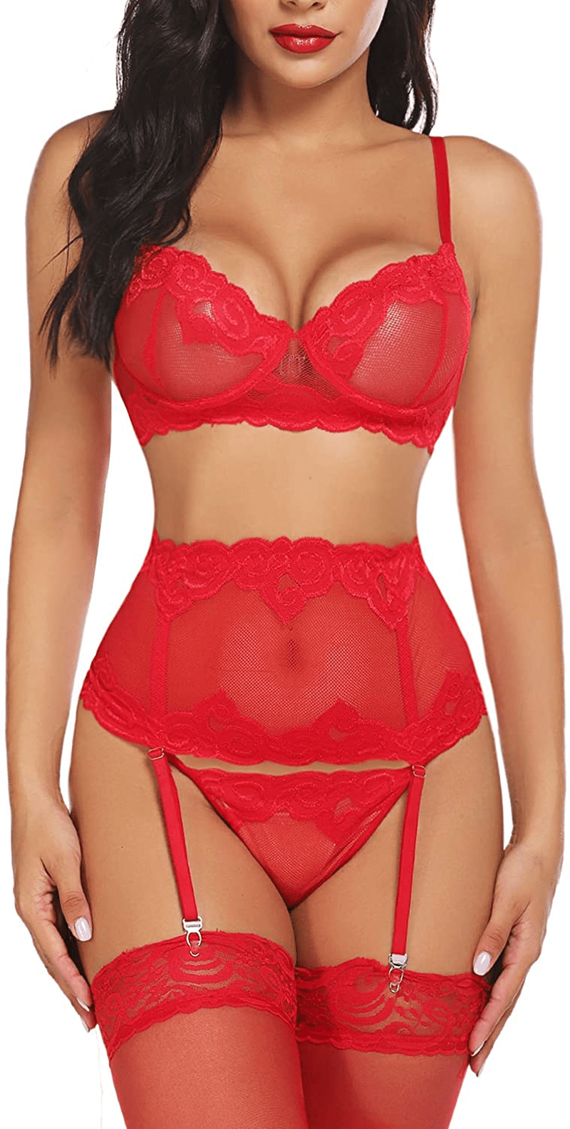 ADOME Women Sexy Lingerie Set with Garter Bra and Panty Lace Underwire Lingerie Sets Apparel & Accessories > Clothing > Underwear & Socks > Lingerie ADOME Christmas Red X-Large 