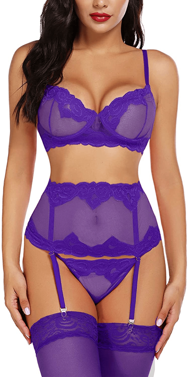 ADOME Women Sexy Lingerie Set with Garter Bra and Panty Lace Underwire Lingerie Sets Apparel & Accessories > Clothing > Underwear & Socks > Lingerie ADOME Dark Purple Large 