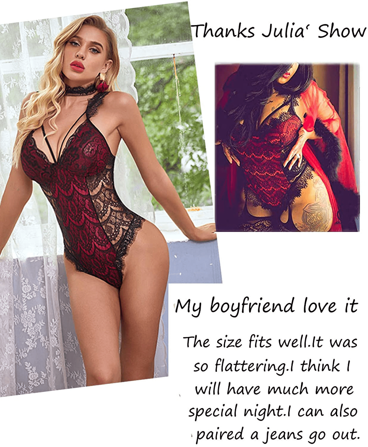 ADOME Womens Snap Crotch Lingerie Sexy Lace Bodysuit with Chocker Eyelash Teddy Apparel & Accessories > Clothing > Underwear & Socks > Lingerie ADOME   