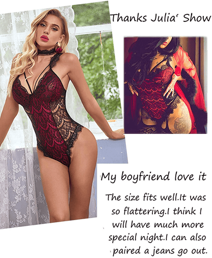 ADOME Womens Snap Crotch Lingerie Sexy Lace Bodysuit with Chocker Eyelash Teddy Apparel & Accessories > Clothing > Underwear & Socks > Lingerie ADOME   