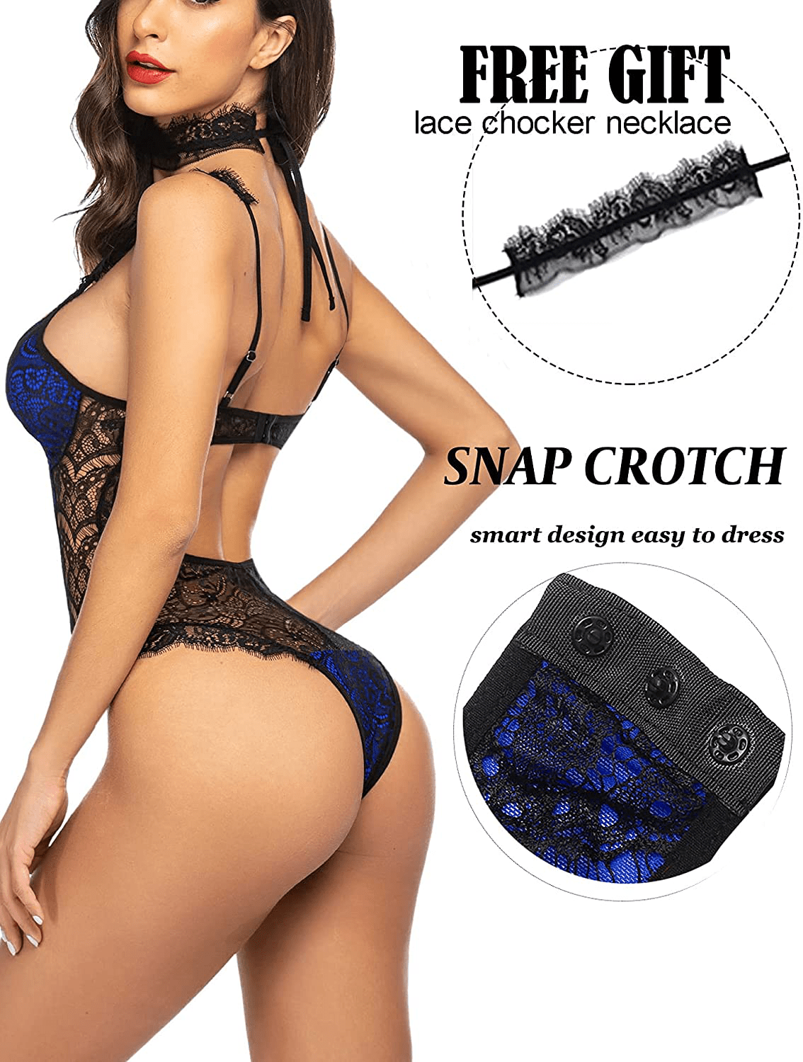 ADOME Womens Snap Crotch Lingerie Sexy Lace Bodysuit with Chocker Eyelash Teddy Apparel & Accessories > Clothing > Underwear & Socks > Lingerie ADOME   