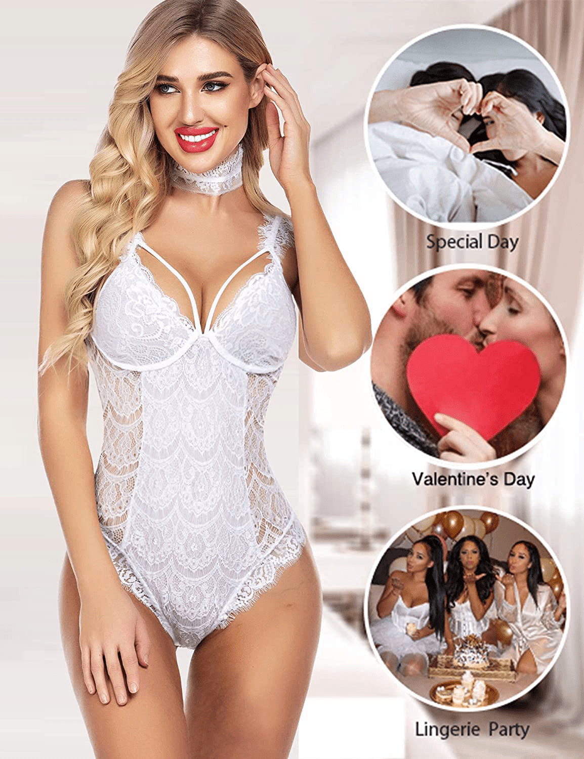ADOME Womens Snap Crotch Lingerie Sexy Lace Bodysuit with Chocker Eyelash Teddy Apparel & Accessories > Clothing > Underwear & Socks > Lingerie ADOME   