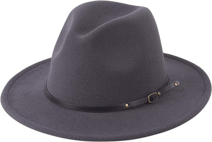 Lanzom Womens Classic Wide Brim Floppy Panama Hat Belt Buckle Wool Fedora Hat Apparel & Accessories > Clothing Accessories > Hats Lanzom Dark Grey One Size 