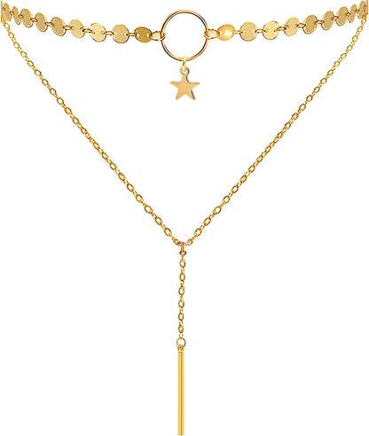 Suyi Stylish Layered Sequins Choker Necklace with Thin Long Chain Pendant for Women Lady Girl Apparel & Accessories > Jewelry > Necklaces Suyi B-Gold  