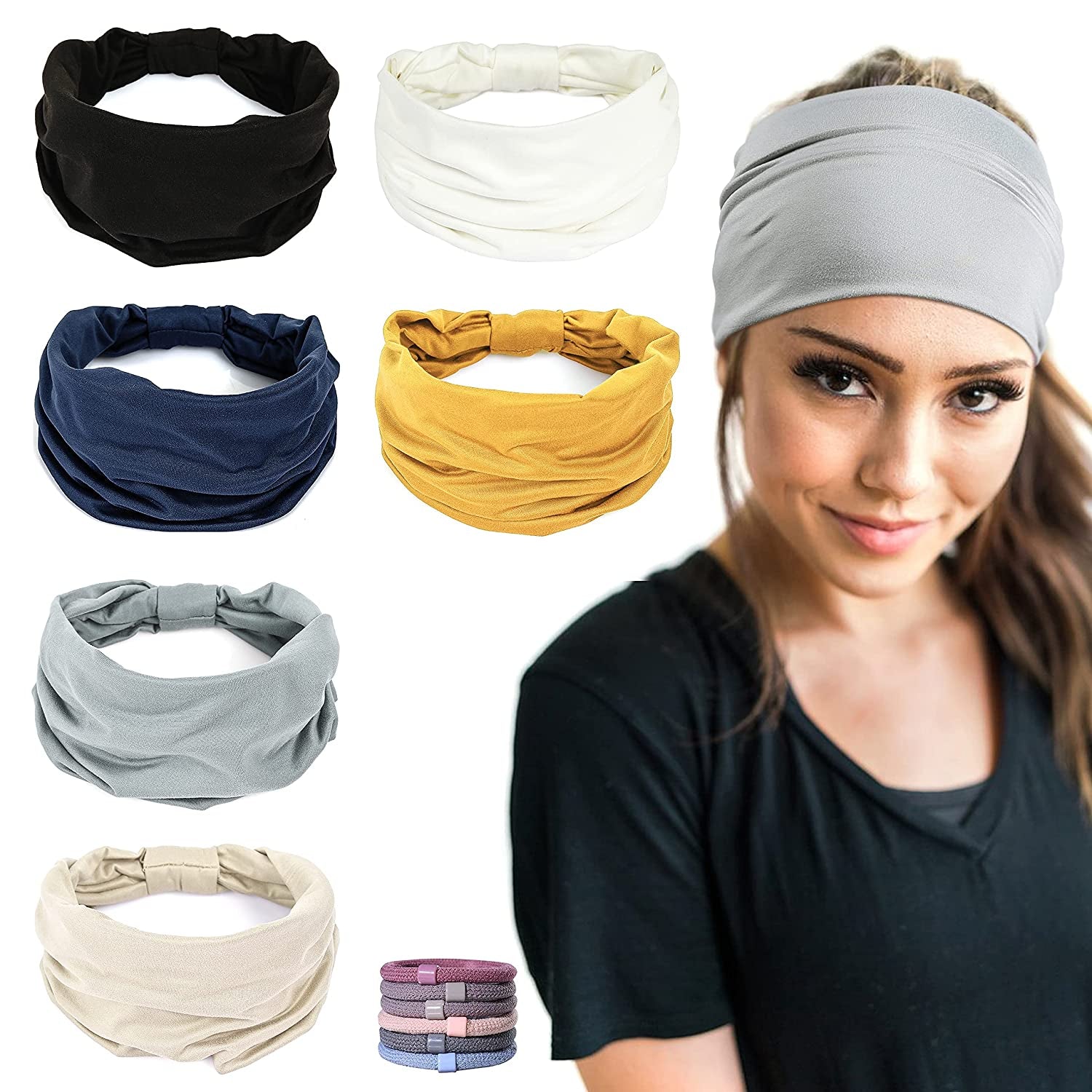 Gili 6 Pack Wide Headbands for Women Non Slip Soft Elastic Hair Bands Yoga Running Sports Workout Gym Head Wraps , Knotted Cotton Cloth African Turbans Bandana ( with 6 Pcs Hair Ties) Apparel & Accessories > Clothing Accessories > Bandanas & Headties GILI 6 Color (White+Black+Navy+Yellow+Light Grey+Skin)  