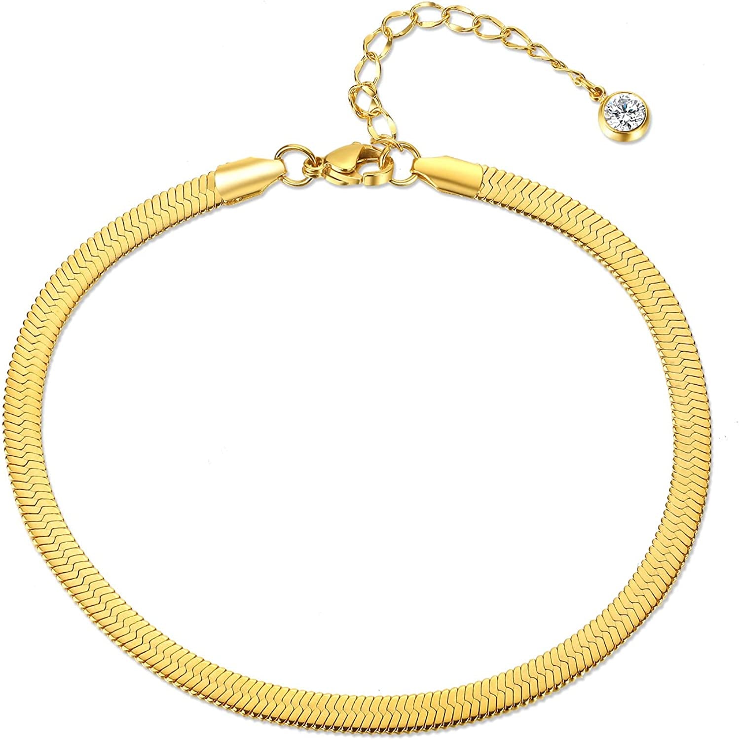 QJLE 18K Gold Plated Flat Snake Chain Link Dainty Ankle Bracelets for Women, Boho Cute Summer Beach Anklet Adjustable Foot Jewelry Apparel & Accessories > Jewelry > Anklets QJLE 4mm Gold / Crystal  