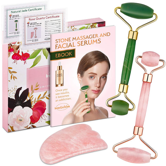 Authentic Jade Roller, Natural Rose Quartz Roller and Gua Sha | 3-In-1 Stone Face Massager Kit | Anti-Aging Beauty Tools for Slimming, Toning and Firming Skin | Reduce Puffy Eyes and Firm Wrinkles Health & Beauty > Personal Care > Cosmetics > Cosmetic Tools > Skin Care Tools InnoCreation   