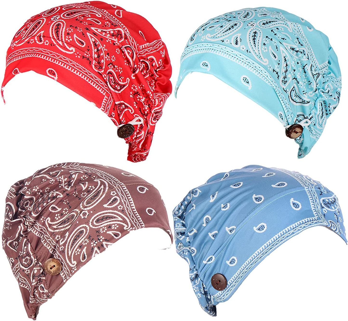 Qianmome 2-4 Pack Beanie with Button for Women Men Nurse,Working Hat,Chemo Caps for Cancer Patients Apparel & Accessories > Clothing Accessories > Headwear Qianmome 1b10-red&blue&coffee&green  