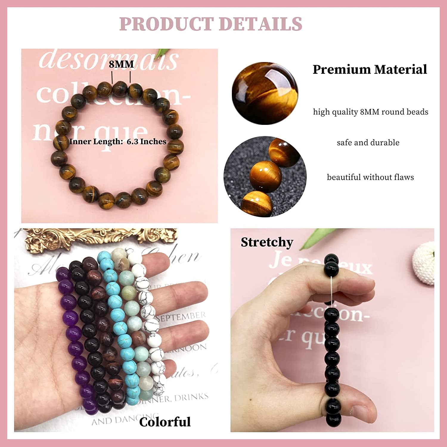 JEWPARK 12PCS 8Mm Semi-Precious Gemstone Bracelet Set Healing Crystal Stone Stretch Bracelets for Men Women round Beaded Elastic Bracelets Apparel & Accessories > Jewelry > Bracelets JEWPARK   