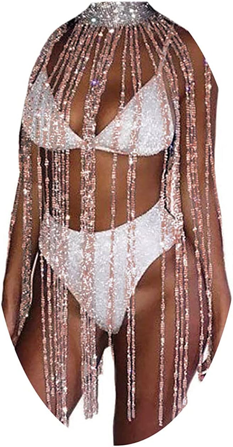 Fstrend Women Rhinestone Choker Long Tassel Necklaces Sparkly Crystal Collar Necklace Fashion Statement Party Festival Body Accessories Jewelry Chain Apparel & Accessories > Jewelry > Necklaces Fstrend Champagne pink  