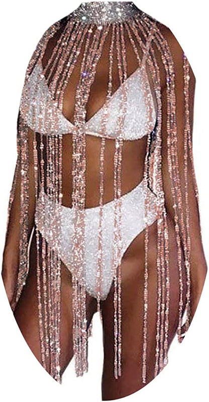 Fstrend Women Rhinestone Choker Long Tassel Necklaces Sparkly Crystal Collar Necklace Fashion Statement Party Festival Body Accessories Jewelry Chain Apparel & Accessories > Jewelry > Necklaces Fstrend Champagne pink  