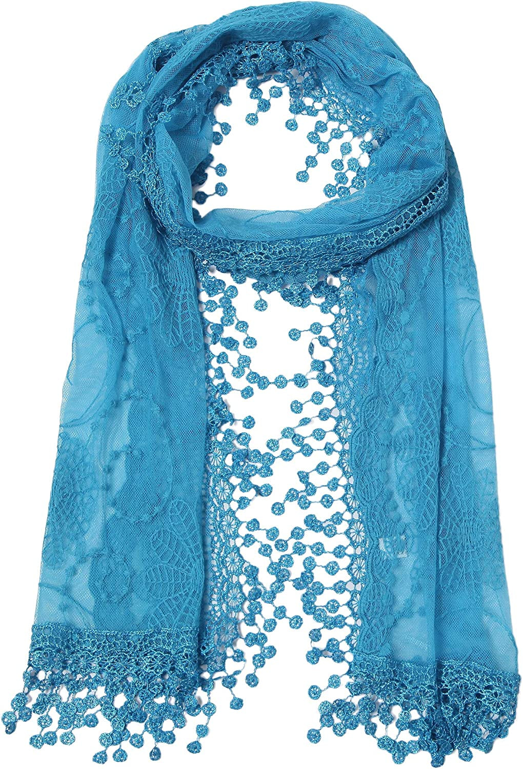 Women'S Lightweight Feminine Lace Teardrop Fringe Lace Scarf Vintage Scarf Mesh Crochet Tassel Cotton Scarf for Women Apparel & Accessories > Clothing Accessories > Scarves & Shawls Tan's Blue  
