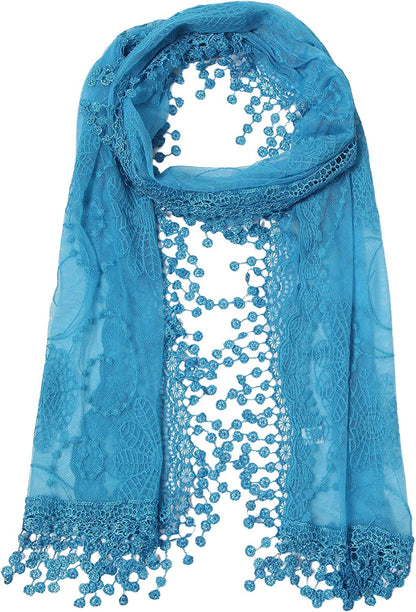 Women'S Lightweight Feminine Lace Teardrop Fringe Lace Scarf Vintage Scarf Mesh Crochet Tassel Cotton Scarf for Women Apparel & Accessories > Clothing Accessories > Scarves & Shawls Tan's Blue  