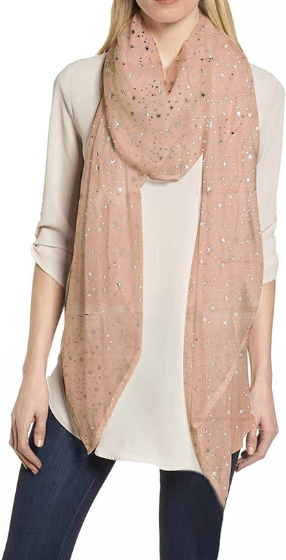 Lina & Lily Silver Gold Glitters Shimmer Foil Stars Women Scarf Shawl Wrap Apparel & Accessories > Clothing Accessories > Scarves & Shawls Lina & Lily Light Pink (Silver Stars)  