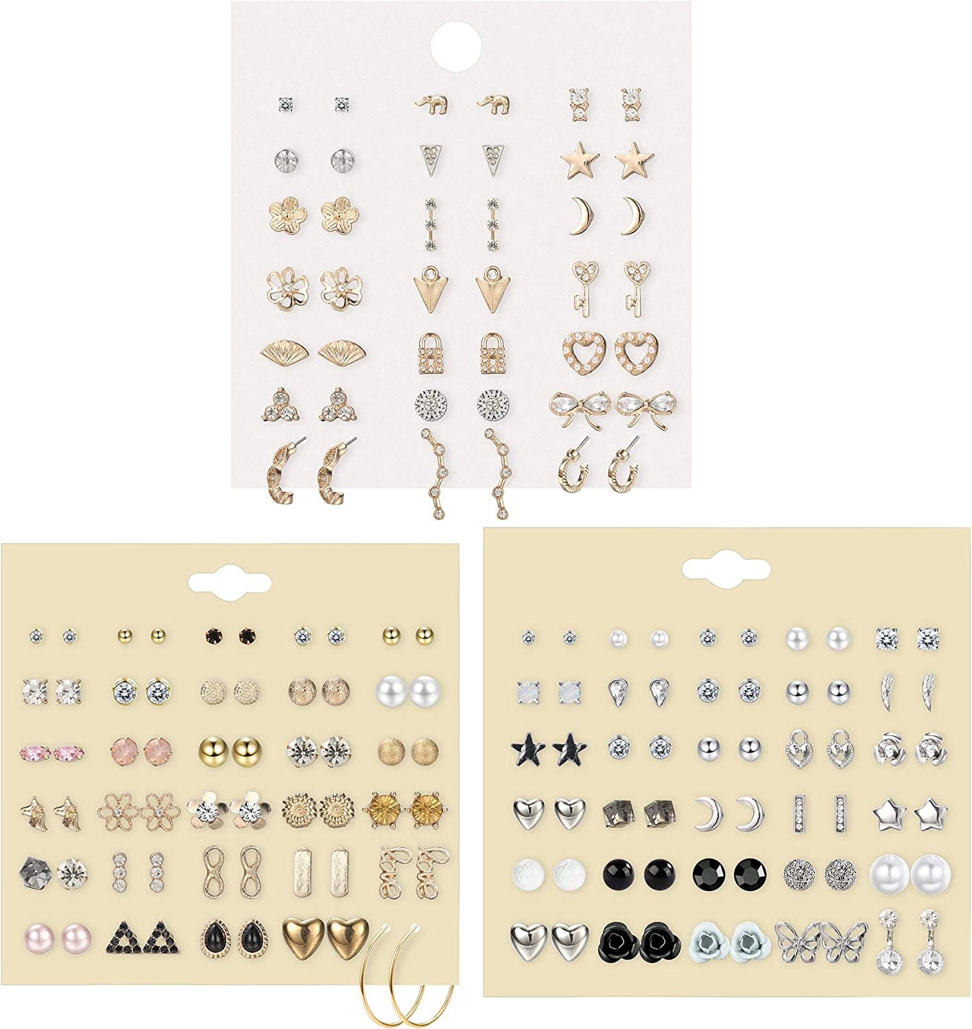 Thunaraz 81Pairs Small Stud Earrings Set for Women Men Triangle Circle Bar Star Moon Geometric Leaf Arrow Flower Bow CZ Ball Faux Pearl Hoop Dangle Earrings Set Apparel & Accessories > Jewelry > Earrings THUNARAZ   