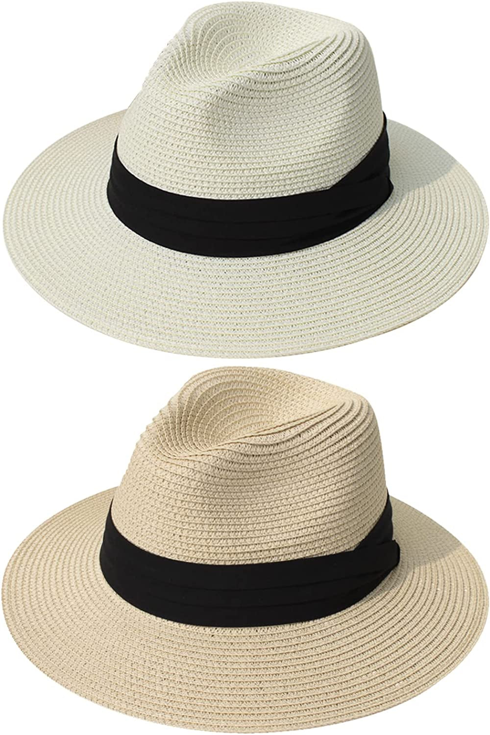 DRESHOW Women Straw Panama Hat Fedora Beach Sun Hat Wide Brim Straw Roll up Hat UPF 50+ Apparel & Accessories > Clothing Accessories > Hats DRESHOW Beige & Ivory/2 Pack Fedora  