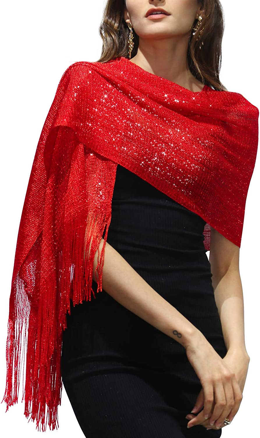 Missshorthair Women'S Sparkle Shawls and Wraps with Buckle for Wedding Party Dresses Apparel & Accessories > Clothing Accessories > Scarves & Shawls MissShorthair 7 Metallic Red  