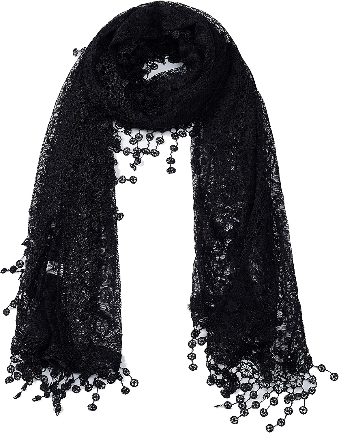 Women'S Lightweight Feminine Lace Teardrop Fringe Lace Scarf Vintage Scarf Mesh Crochet Tassel Cotton Scarf for Women Apparel & Accessories > Clothing Accessories > Scarves & Shawls Tan's Black With Fringes  