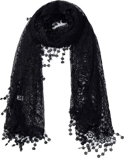Women'S Lightweight Feminine Lace Teardrop Fringe Lace Scarf Vintage Scarf Mesh Crochet Tassel Cotton Scarf for Women Apparel & Accessories > Clothing Accessories > Scarves & Shawls Tan's Black With Fringes  