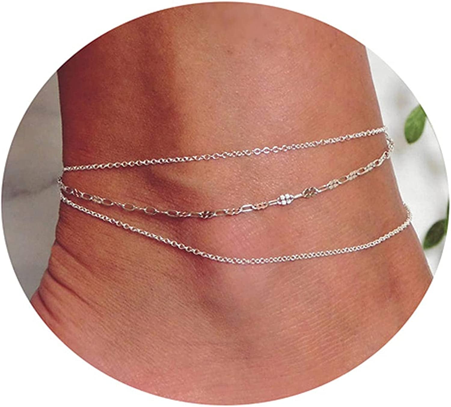 Pencros Dainty Layered Anklet,14K Gold Filled Cute Beads Satellite Chain Heart Boho Adjustable Anklets for Women Teen Girls Apparel & Accessories > Jewelry > Anklets Pencros 3layer-silver  
