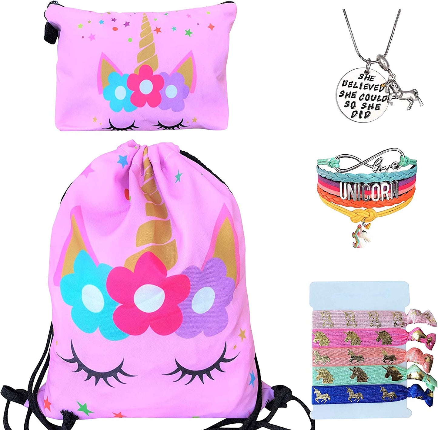 Unicorn Gifts for Girls - Unicorn Drawstring Backpack/Makeup Bag/Bracelet/Inspirational Necklace/Hair Ties (Flower Unicorn) Apparel & Accessories > Jewelry > Bracelets Doctor Unicorn Pink Star Unicorn  