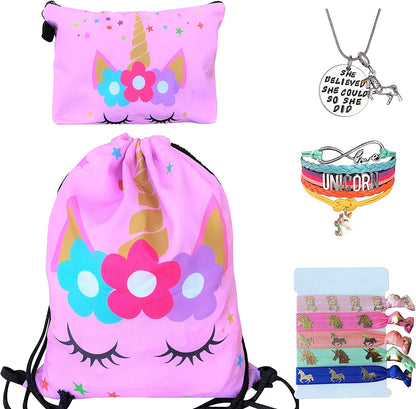 Unicorn Gifts for Girls - Unicorn Drawstring Backpack/Makeup Bag/Bracelet/Inspirational Necklace/Hair Ties (Flower Unicorn) Apparel & Accessories > Jewelry > Bracelets Doctor Unicorn Pink Star Unicorn  