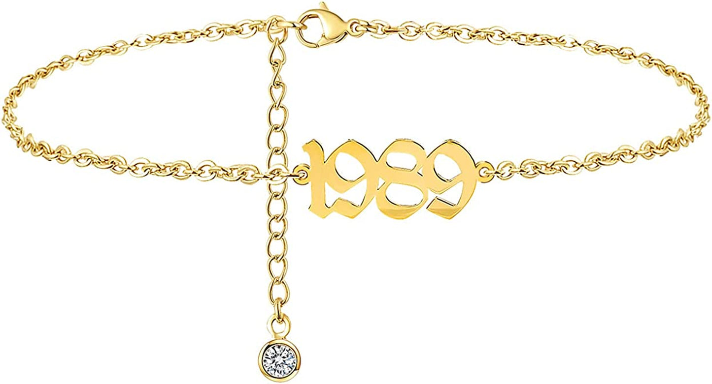 JYUEDA Birth Year Anklet Bracelet for Women,Beach Foot Chain Cute Ankle Bracelet,14K Gold Plated Anklets for Women Teen Girls Apparel & Accessories > Jewelry > Anklets JYUEDA 1989  