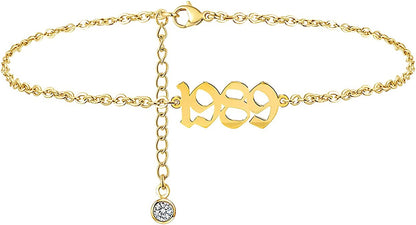 JYUEDA Birth Year Anklet Bracelet for Women,Beach Foot Chain Cute Ankle Bracelet,14K Gold Plated Anklets for Women Teen Girls Apparel & Accessories > Jewelry > Anklets JYUEDA 1989  