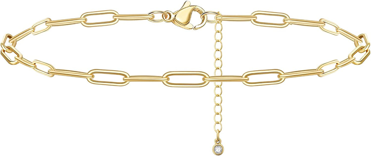 Kissyan Gold Ankle Bracelets for Women, Dainty 14K Gold Plated Anklets Cuban Link Chain Ankles Adjustable Snake Tennis Anklet Bracelet Tiny Beach Foot Jewelry Gifts for Women Girls Apparel & Accessories > Jewelry > Anklets KissYan Gold-paperclip anklet  