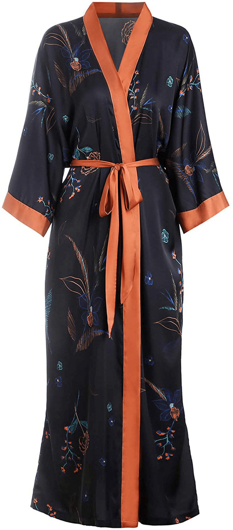 Aensso Long Silky Kimono Robes for Women, Lightweight & Soft Floral Bridal Robe Apparel & Accessories > Clothing > Sleepwear & Loungewear > Robes Aensso Night Flowers  