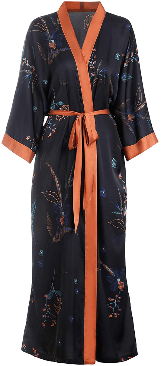 Aensso Long Silky Kimono Robes for Women, Lightweight & Soft Floral Bridal Robe Apparel & Accessories > Clothing > Sleepwear & Loungewear > Robes Aensso Night Flowers  