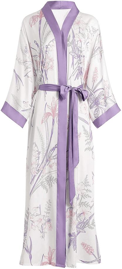 Aensso Long Silky Kimono Robes for Women, Lightweight & Soft Floral Bridal Robe Apparel & Accessories > Clothing > Sleepwear & Loungewear > Robes Aensso Lilac White  