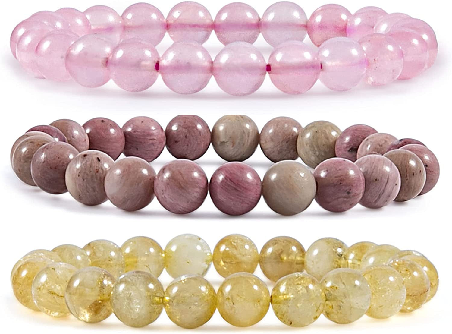 Bivei Natural Gem Semi Precious Reiki Healing Crystals Handmade 8Mm round Beads Stretch Bracelet Apparel & Accessories > Jewelry > Bracelets Bivei 3PCS SET(Rose Quartz+Rhodonite+Citrine)  