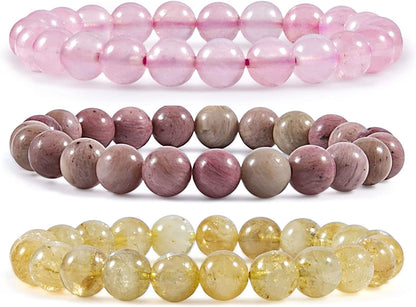 Bivei Natural Gem Semi Precious Reiki Healing Crystals Handmade 8Mm round Beads Stretch Bracelet Apparel & Accessories > Jewelry > Bracelets Bivei 3PCS SET(Rose Quartz+Rhodonite+Citrine)  