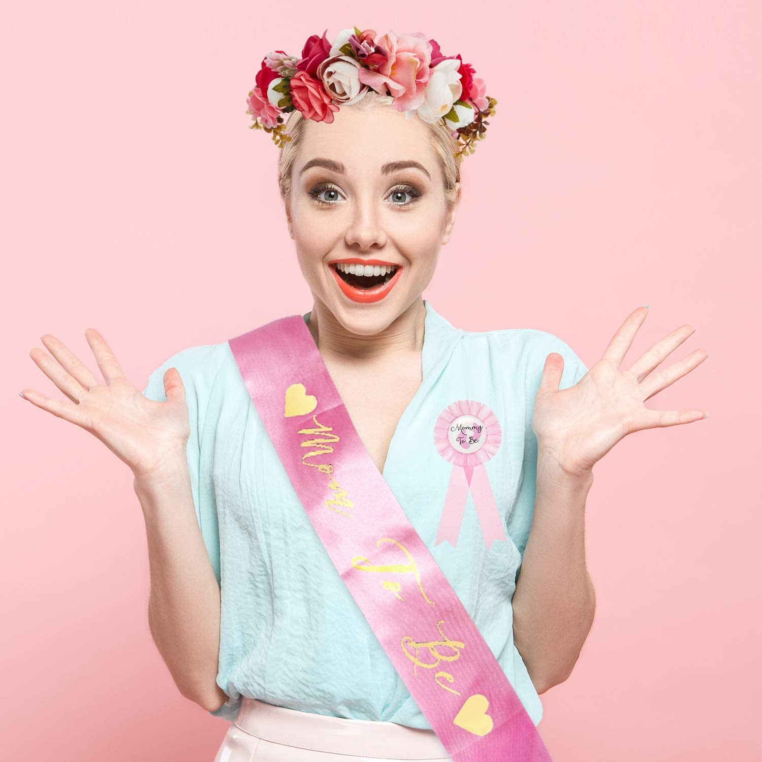 SATINIOR Baby Shower Sash, Mom to Be Sash and Pin with Floral Crown for Mom and Dad Kit for Baby Shower Party Favors Decorations (Style Set 2) Apparel & Accessories > Clothing Accessories > Sashes SATINIOR   