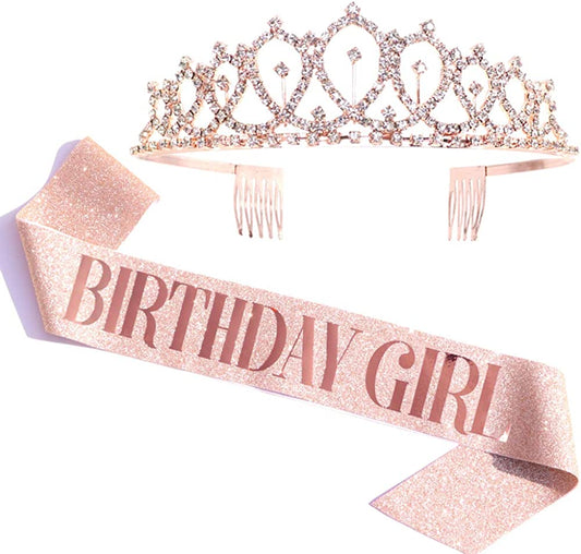 Birthday Girl Sash & Rhinestone Tiara Kit - Rose Gold Birthday Gifts Glitter Birthday Sash Birthday Party Favors Apparel & Accessories > Clothing Accessories > Sashes ADBetty   