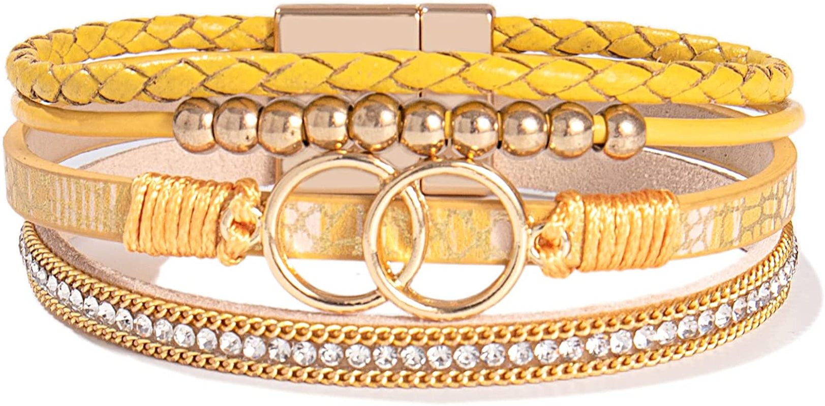 FANCY SHINY Boho Wrap Bracelets Leather Cuff Bangle Gold Beaded Bracelets for Women Stackable Infinity Bracelets Jewelry with Clasp Apparel & Accessories > Jewelry > Bracelets FANCY SHINY Yellow  