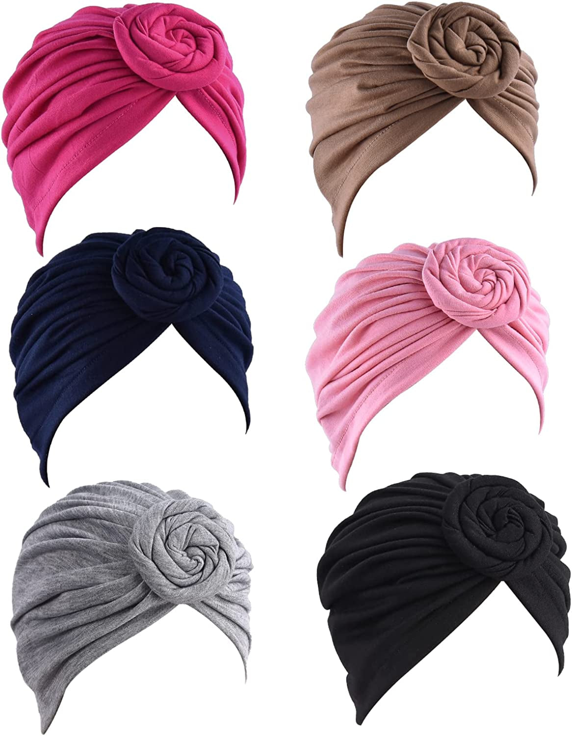 WKJHO 6 Pieces Women Turban Hat African Flower Knot Pre-Tied Bonnet Beanie Cap Headwrap for Girls Apparel & Accessories > Clothing Accessories > Bandanas & Headties Generic Gray,navy  