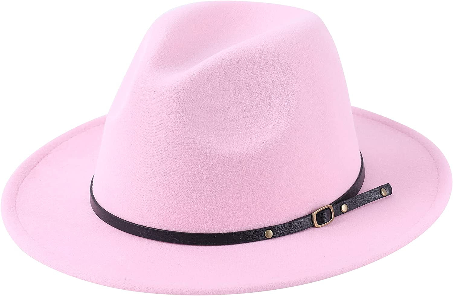 Lanzom Womens Classic Wide Brim Floppy Panama Hat Belt Buckle Wool Fedora Hat Apparel & Accessories > Clothing Accessories > Hats Lanzom Pink One Size 