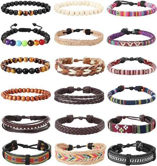 LOLIAS 18Pcs Leather Chakra Bead Tribal Bracelet for Men Women Charm Ethnic Wood Beaded Hemp Bracelets Boho Wristbands Apparel & Accessories > Jewelry > Bracelets LOLIAS   