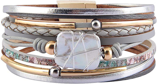 Fesciory Leopard Bracelet for Women Wrap Multi-Layer Leather Bracelet Magnetic Clasp Cuff Bangle Jewelry Apparel & Accessories > Jewelry > Bracelets Fesciory A2-Gray Leather(Pearl)  