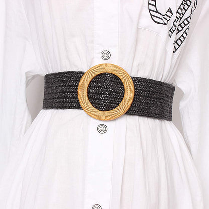 Women Skinny Dress Belt, Fashion Straw Woven Elastic Stretch Waist Band Wood Buckle Belt Apparel & Accessories > Clothing Accessories > Belts YUCFOREN Type 2-black Waist below 39" 
