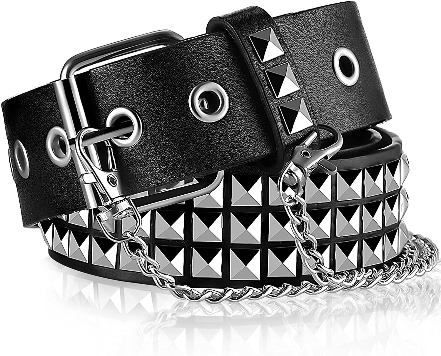 Studded Belts Punk Rock Belts for Women Threads Goth Pyramid Pu Leather Belts with Chains for Gothic Clothing Accessories Apparel & Accessories > Clothing Accessories > Belts Geyoga Black  