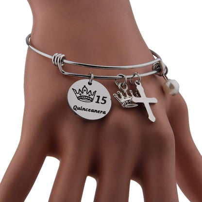 FEELMEM Quinceanera Gift 15Th Birthday Bracelet Girls Sweet 15Th Quinceanera Expandable Wire Bangle Quince Jewelry Happy 15Th Birthday Gift for Girls (Silver) Apparel & Accessories > Jewelry > Bracelets FEELMEM   