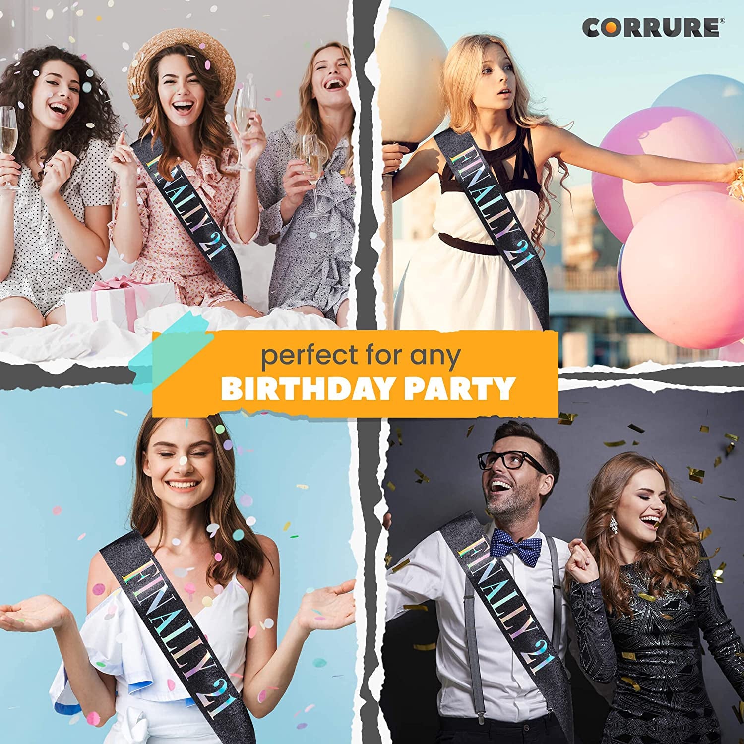 CORRURE 'Finally 21' Birthday Sash with Glitter -Black Sash with Multicolor Foil 21St Birthday Sash for Men and Women-Ideal Twenty One Sash Party Favors Supplies and Decorations for Your 21 Bday Party Apparel & Accessories > Clothing Accessories > Sashes CORRURE   