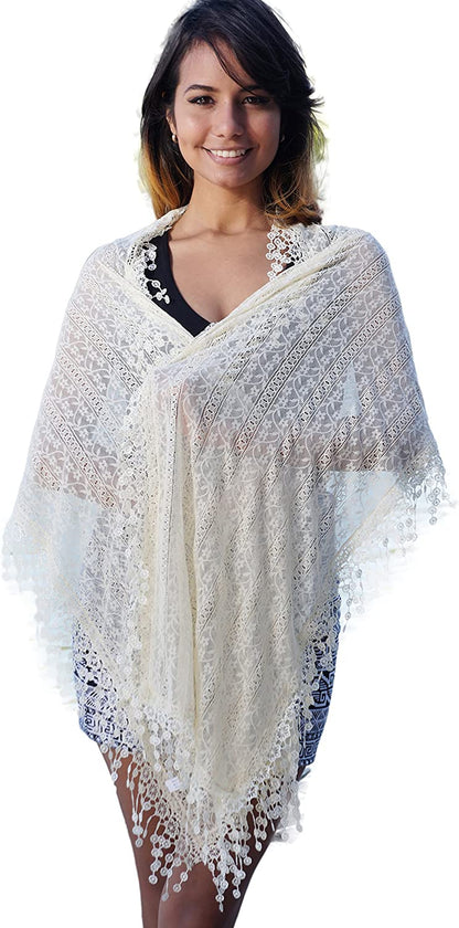 Cindy and Wendy Lightweight Soft Leaf Lace Fringes Scarf Shawl for Women Apparel & Accessories > Clothing Accessories > Scarves & Shawls Cindy and Wendy Beige - Sh  