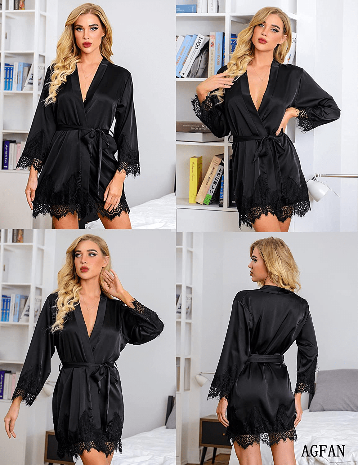 AGFAN Women'S Satin Kimono Robe Lace Trim Short Silky Bathrobe Bridesmaid Robes Dressing Gown Apparel & Accessories > Clothing > Sleepwear & Loungewear > Robes AGFAN   