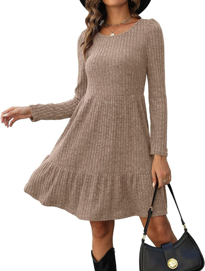 AGSEEM Womens Winter Crewneck Long Sleeve Dresses Knee Length Knit Sweater Dress 02-Khaki / X-Large