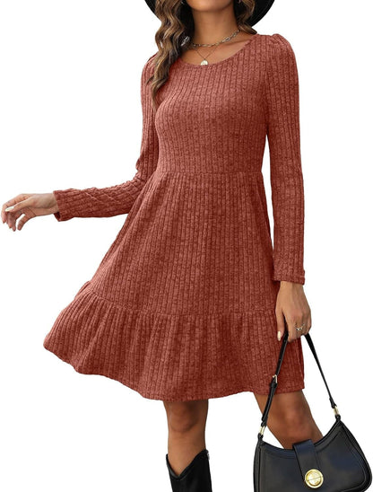 AGSEEM Womens Winter Crewneck Long Sleeve Dresses Knee Length Knit Sweater Dress 04-Orange / Medium