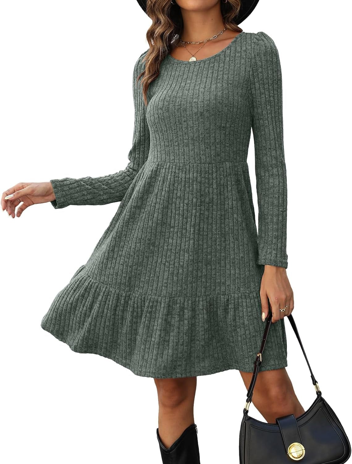 AGSEEM Womens Winter Crewneck Long Sleeve Dresses Knee Length Knit Sweater Dress 05-Dark Green / Large